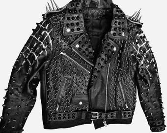 メンズ ブラック スタッズ レザージャケット – パンクロック バイカー
