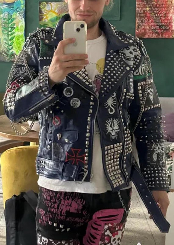 Men Dark Blue Leather Jacket With Silver Studded Chains