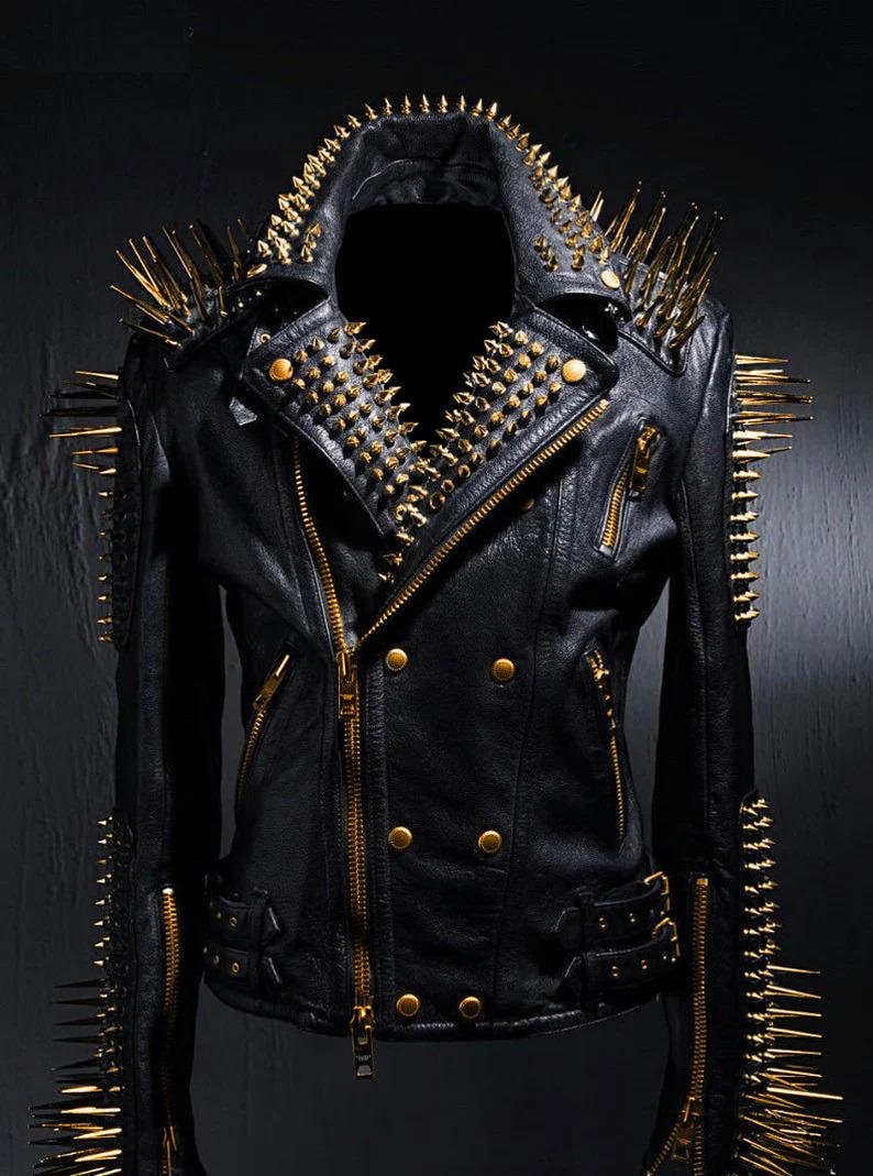 Golden Studded Long Pin Spiked Leather Punk Rocker Jacket - Bold