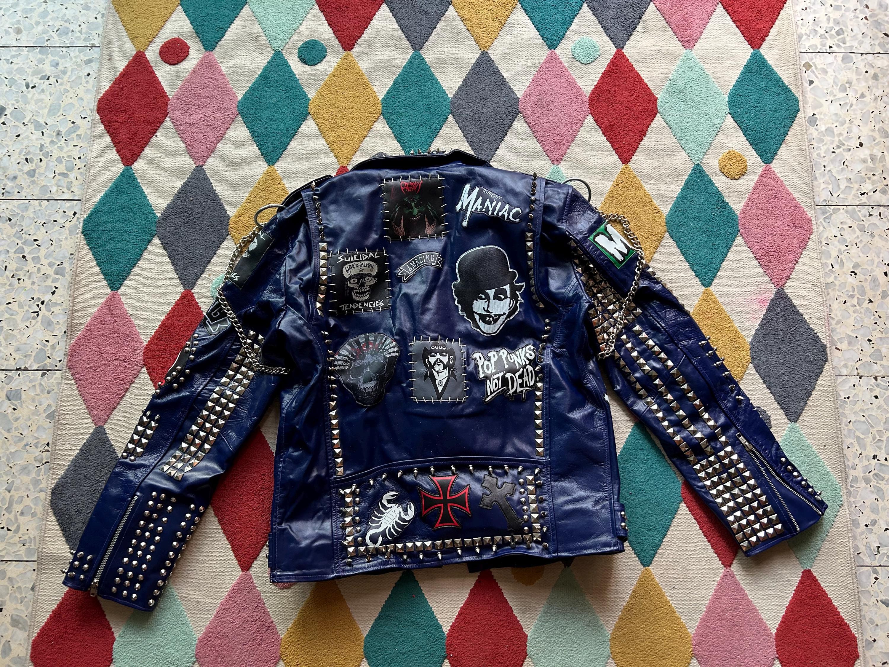 Men Dark Blue Leather Jacket With Silver Studded Chains