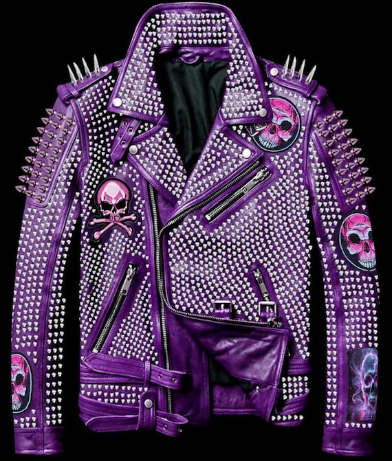 Men's Purple Leather Jacket With Skull Patch and Heavy Metal