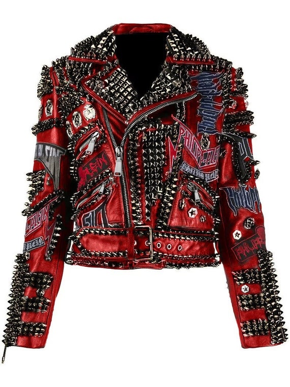 Handmade Men's Maroon Leather Jacket | Gunmetal Studded