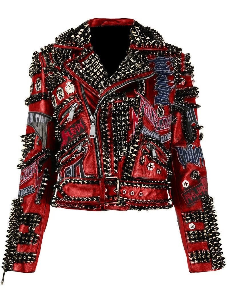 Handmade Men's Maroon Leather Jacket | Gunmetal Studded