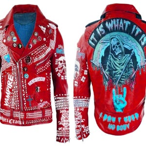 Men&#39;s Red Leather Biker Jacket with Silver Printing & Silver Studded Punk Rocker Style It Is What It Is