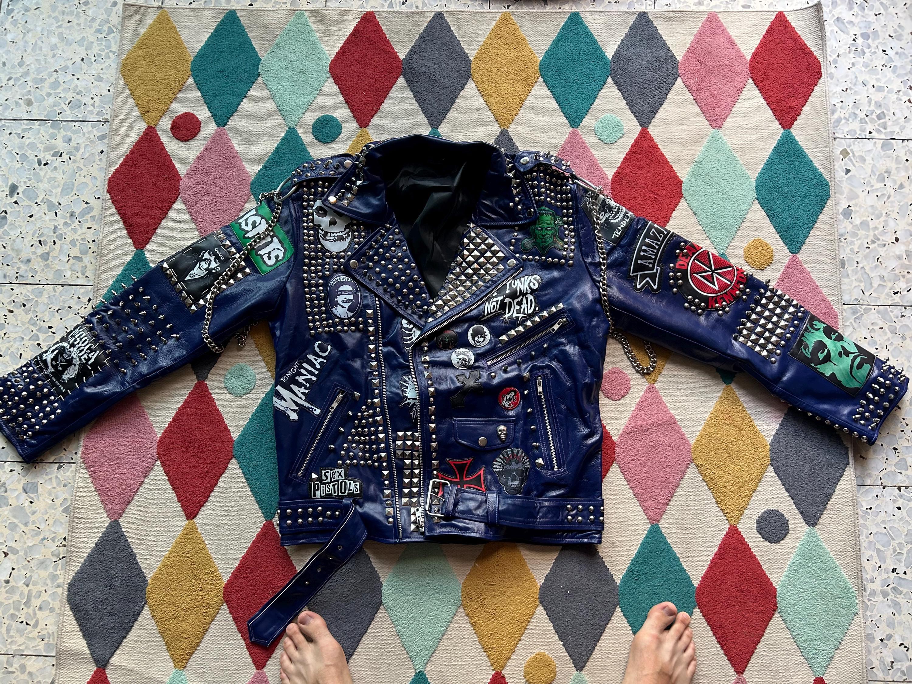 Men Dark Blue Leather Jacket With Silver Studded Chains