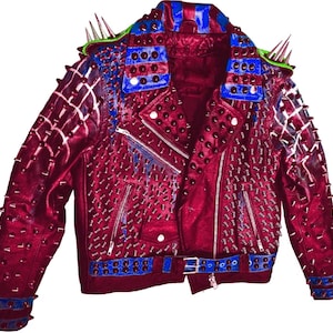 Men&#39;s Maroon Red with Black Studded Biker Leather Jacket Maroon Red Edgy Design with Black and Gunmetal Studs N Spikes Perfect Biker Fashion