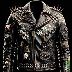 Könnte beinhalten: Schwarze Lederjacke mit silbernen Nieten und Spikes. Die Jacke hat mehrere Patches, darunter einen Totenkopf mit Knochen, eine Kreatur aus der Schwarzen Lagune und ein Bandlogo mit der Aufschrift "As Blood Runs Black".