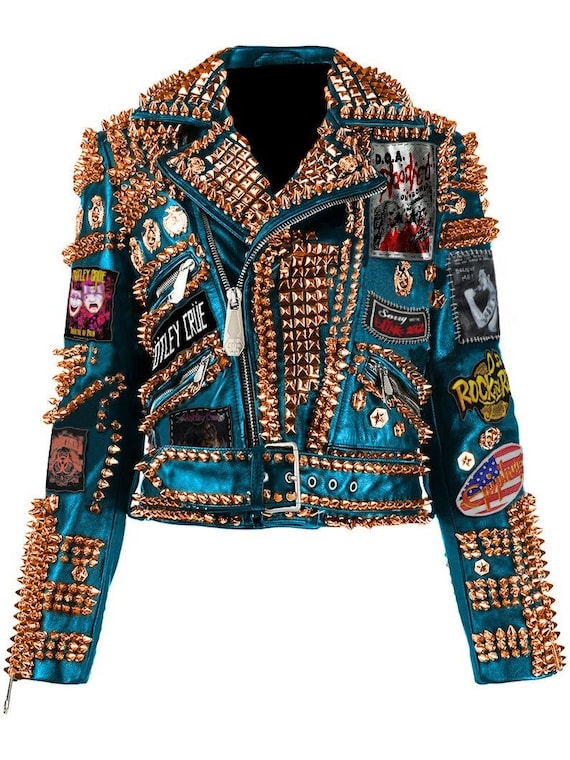Handcrafted Men s Blue Leather Golden Studded Jacket with Patches Edgy Biker Patches Jacket Golden studs and spike work Tow Tone Jacket