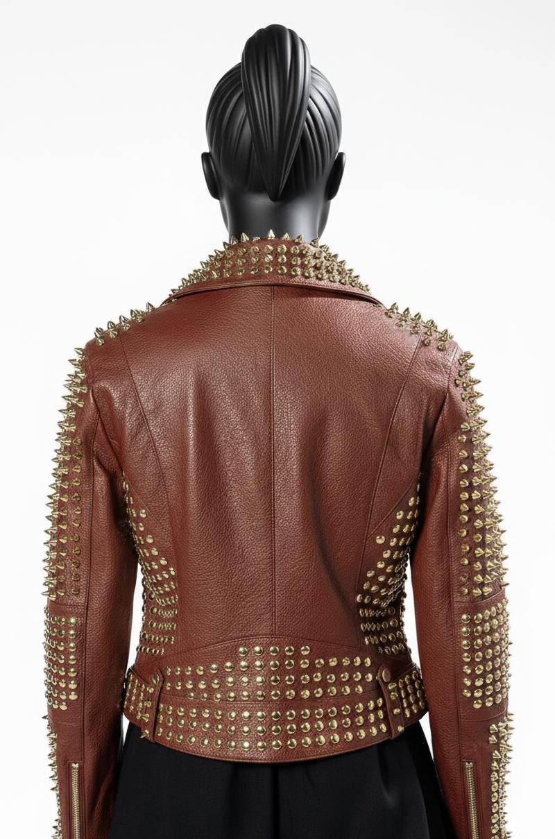 Red Leather Riot Regal Riot Golden Studded Leather Biker Jacket, Motor Bike Premium ...