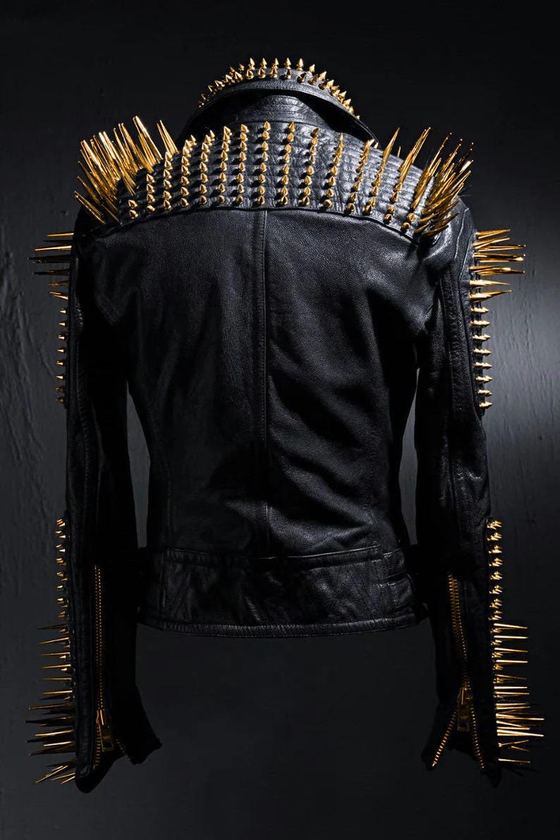 Golden Studded Long Pin Spiked Leather Punk Rocker Jacket - Bold