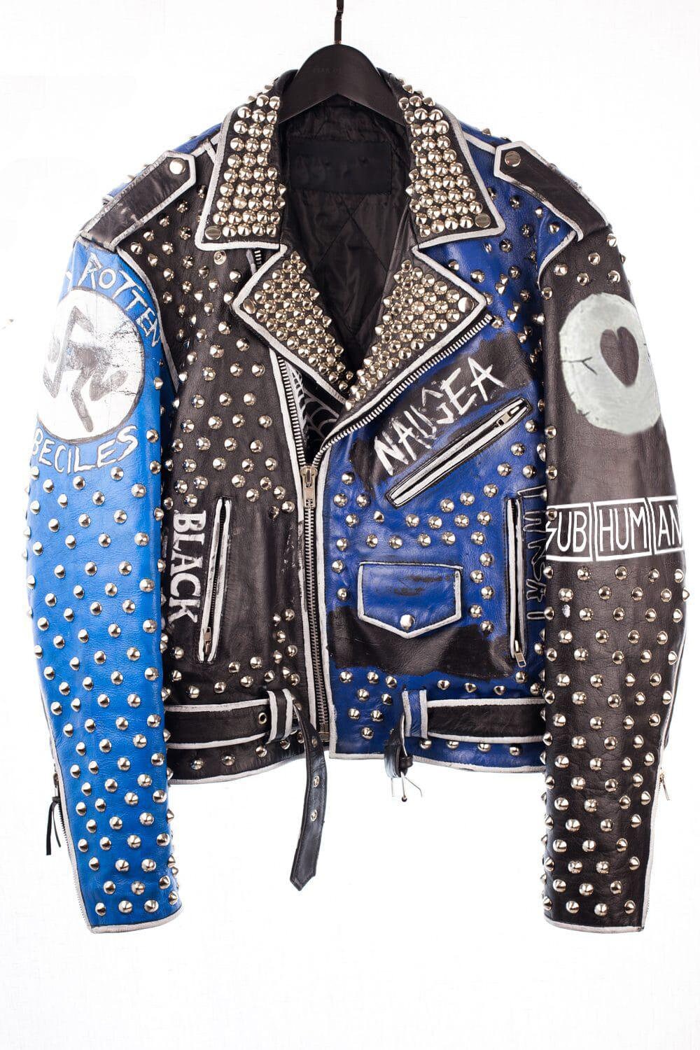 Men's Spiked Blue and Black Studded Leather Jacket