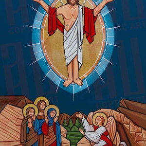 Può includere: Icona raffigurante una scena religiosa. Una figura centrale con le braccia tese è circondata da un'aureola, indossa vesti rosse e bianche. Sotto, sono presenti tre donne e un angelo. Lo sfondo è blu scuro con testo dorato.