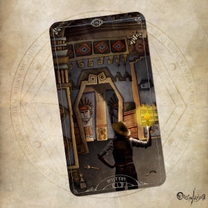 May include: An illustrated tarot card titled "Mystery" featuring a person holding a lit torch in a stylized architectural setting. The card has a border with the number 15 at the top and the word "Mystery" at the bottom.