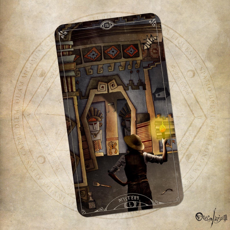 May include: An illustrated tarot card titled "Mystery" featuring a person holding a lit torch in a stylized architectural setting. The card has a border with the number 15 at the top and the word "Mystery" at the bottom.