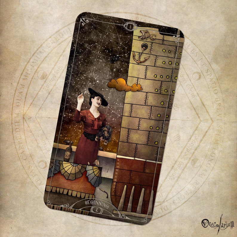 May include: A tarot card illustration featuring a woman in a red dress and black hat, pointing upwards. The card has a steampunk aesthetic with a starry sky, a brick wall, and the word "BEGINNING". The card's border is ornate.