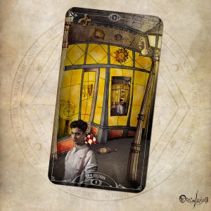 May include: A tarot card illustration featuring a person in front of a building with yellow windows. The card is labeled "ILLUSION" and has a vintage aesthetic. A red and white checkered flag is visible.