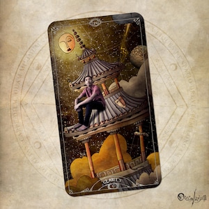 May include: An illustrated tarot card featuring a person sitting on a pagoda roof under a starry sky with a crescent moon. The card is labeled "Clarity" and has the number 24 at the top. The card has a vintage, artistic style.