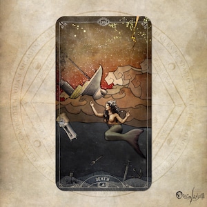 May include: A tarot card illustration featuring a mermaid in the ocean with a sinking ship in the background. The card is labeled "Death" and includes other symbolic elements like a clock, fork, and sword. The artwork has a vintage, artistic style.