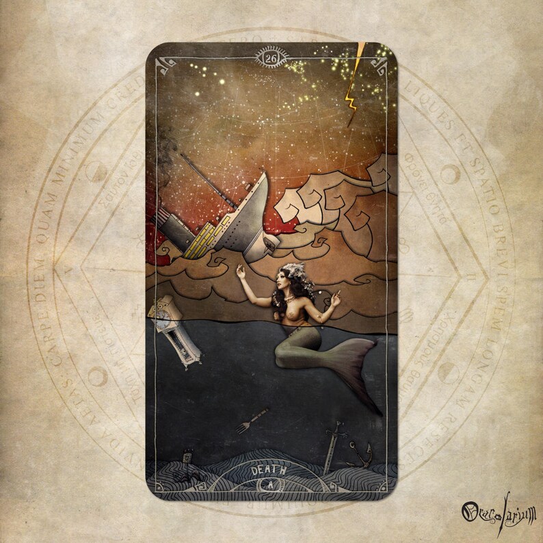 May include: A tarot card illustration featuring a mermaid in the ocean with a sinking ship in the background. The card is labeled "Death" and includes other symbolic elements like a clock, fork, and sword. The artwork has a vintage, artistic style.