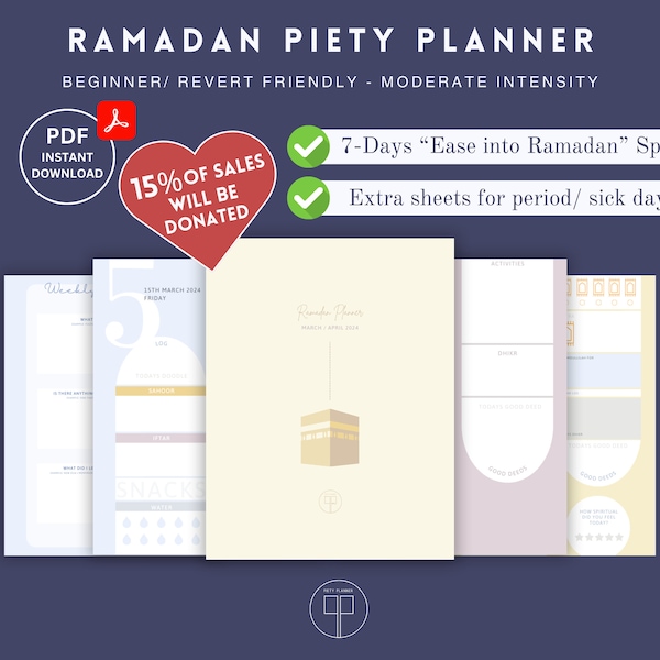 Planificador de piedad RAMADAN 2024: Ramadán productivo sin estrés, diseño moderno y amigable con la reversión, ¡diseñado para aumentar sus recompensas!