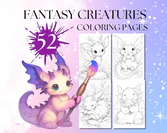 52 páginas para colorear de criaturas fantásticas súper lindas para niños y adultos: páginas para colorear imprimibles, descarga instantánea, archivo PDF imprimible