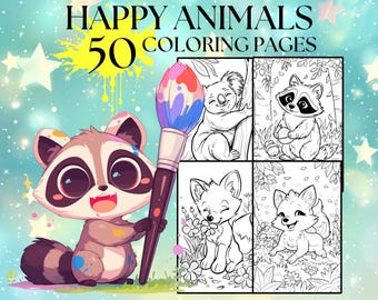 50 Happy Animals Coloring Pages for Kids- Digital Download, Printable PDF File