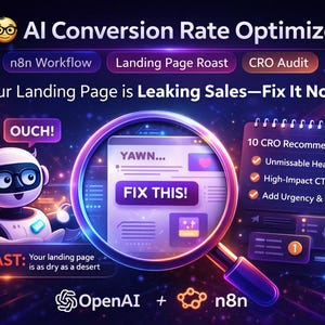 Op de afbeelding: Een AI Conversion Rate Optimizer-afbeelding met een robot, vergrootglas en notitieblok. De tekst bevat "Fix This!", "Landing Page Roast" en "10 CRO-aanbevelingen". Het kleurenschema is paars, blauw en oranje.