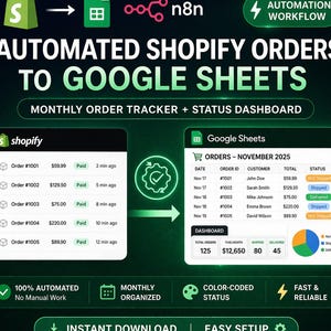 Peut inclure: Graphique montrant l'automatisation des commandes Shopify vers Google Sheets. L'image présente une liste de commandes Shopify et un suivi des commandes Google Sheets avec un tableau de bord de statut. Texte : "Téléchargement instantané" et "Configuration facile."
