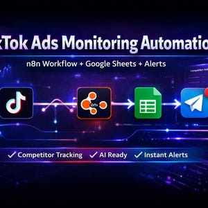 Könnte beinhalten: Eine digitale Grafik, die TikTok Ads Monitoring Automation bewirbt. Das Bild zeigt das TikTok-Logo, ein Netzwerkdiagramm und den Text "TikTok Ads Monitoring Automation" und "n8n Workflow + Google Sheets + Alerts". Zusätzlicher Text enthält "Competitor Tracking", "AI Ready" und "Instant Alerts".