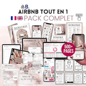 May include: A collection of digital resources for Airbnb hosts, including welcome books, check-in guides, and reservation templates. The design features a soft color palette with the text "Airbnb Tout en 1 Pack Complet" and "500+ Pages."