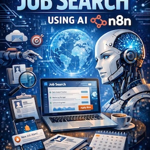 Könnte beinhalten: Digitalillustration, die die Automatisierung der Jobsuche mit KI bewirbt. Das Bild zeigt einen futuristischen Roboter, einen Laptop mit einer Jobsuche-Oberfläche, ein Smartphone mit einer "New Job Alert!"-Benachrichtigung und den Text "AUTOMATE YOUR JOB SEARCH USING AI n8n."