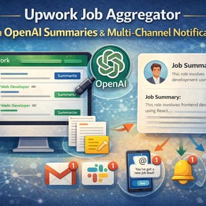 Peut inclure: Illustration promotionnelle d'un agrégateur d'emplois Upwork avec résumés OpenAI et notifications multicanaux. L'image comprend un écran d'ordinateur, le logo OpenAI, des résumés d'emploi et des icônes de notification.