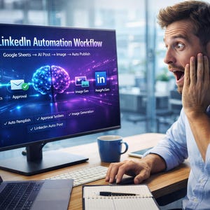 May include: A man reacts to a computer screen displaying "AI LinkedIn Automation Workflow." The screen shows a workflow diagram with icons for Google Sheets, Approval, and LinkedIn, with the text "Google Sheets → AI Post → Image → Auto Publish."