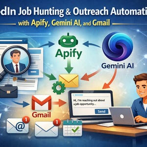 Peut inclure: Illustration promouvant la recherche d'emploi et l'automatisation de la prospection sur LinkedIn. Le texte "LinkedIn Job Hunting & Outreach Automation with Apify, Gemini AI, and Gmail" est visible. Icônes Gmail, Apify, Gemini AI et une personne utilisant un ordinateur portable.