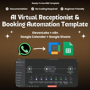 Könnte beinhalten: Werbung für eine KI Virtual Receptionist & Booking Automation Template. Das Bild zeigt den Text "Ready To Use N8N Template", "Documentation", "No Coding Required" und "Beginner Friendly". Das Bild enthält auch die Logos von WhatsApp, Google Kalender und Google Sheets.