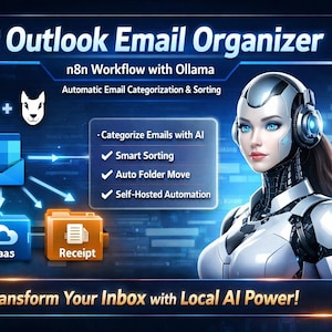 Könnte beinhalten: Digitalgrafik, die für einen KI Outlook E-Mail Organizer wirbt. Das Bild zeigt einen futuristischen weiblichen Roboter mit blauen Augen und einem Headset. Der Text enthält "n8n Workflow with Ollama" und Funktionen wie "Smart Sorting" und "Auto Folder Move."