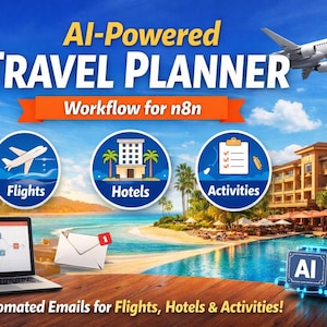 May include: An advertisement for an AI-powered travel planner. The image features a laptop, an envelope with a notification, and icons for flights, hotels, and activities. The Eiffel Tower and a resort are in the background, with the text "Automated Emails for Flights, Hotels & Activities!"