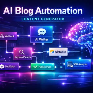 Peut inclure: Illustration numérique d'une automatisation de blog par IA. L'image présente un cerveau lumineux et des nœuds interconnectés étiquetés "AI Writer", "Keyword Search" et "SEO Analysis". Le texte "CONTENT GENERATOR" est également présent, avec une palette de couleurs bleu foncé et violet.