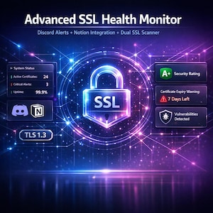 May include: A digital graphic promoting an Advanced SSL Health Monitor. The image features a glowing padlock with "SSL" in the center, surrounded by data visualizations and text. The graphic includes system status, security ratings, and certificate expiry warnings.