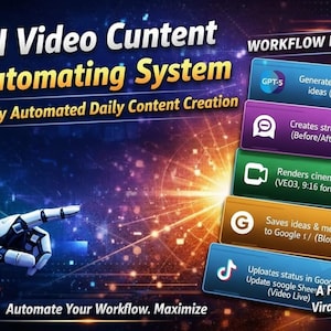 Peut inclure: Graphique numérique promouvant un système d'automatisation de contenu vidéo IA. L'image présente une main robotique pointant vers les fonctionnalités du flux de travail, y compris la génération d'idées vidéo et le rendu vidéo. Le texte comprend "AI Video Content Automating System."
