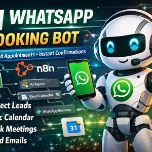Könnte beinhalten: Illustration, die einen AI WhatsApp Booking Bot bewirbt. Das Bild zeigt einen Roboter, der ein Smartphone mit dem WhatsApp-Logo hält. Der Text enthält "Automatisierte Termine + Sofortige Bestätigungen" und Funktionen wie Lead-Erfassung und Kalendersynchronisierung.