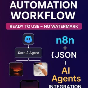 Peut inclure: Graphique numérique avec le texte "SORA 2 AUTOMATION WORKFLOW" en blanc et bleu sur fond violet foncé. L'image comprend un schéma avec "Sora 2 Agent" et "n8n + {JSON | AI Agents INTEGRATION". Un téléphone affiche un coucher de soleil.
