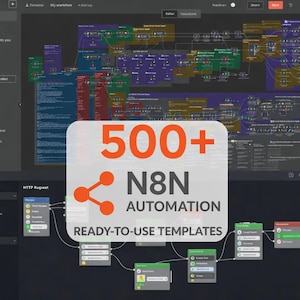 Peut inclure: Interface numérique sombre affichant un schéma de flux de travail. Un grand graphique blanc et orange indique "500+ N8N AUTOMATION READY-TO-USE TEMPLATES". L'interface comprend des icônes et du texte.