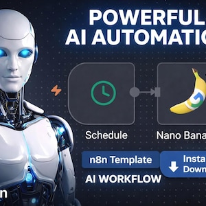 May include: An image promoting AI automation, featuring a robot with blue eyes and the text "POWERFUL AI AUTOMATION." A diagram shows a clock, a banana with a logo, and the words "Schedule," "Nano Banana AI," "n8n Template," "AI WORKFLOW," and "Instant Download."