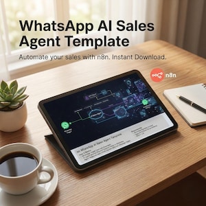 May include: A tablet showing a WhatsApp AI Sales Agent Template, with the text "Automate your sales with n8n. Instant Download." A cup of coffee, a succulent plant, and a notepad with a pen are on a wooden table.