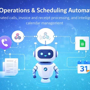 Op de afbeelding: Illustratie met de tekst "AI Operations & Scheduling Automation". Een witte robot met blauwe accenten wordt omringd door iconen die geautomatiseerde oproepen, factuurverwerking en kalenderbeheer vertegenwoordigen. De achtergrond is een blauwe gradiënt met witte stippen.
