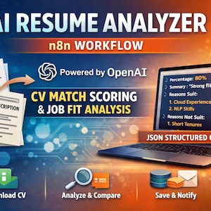 Peut inclure: Publicité pour un analyseur de CV IA. L'image montre un ordinateur portable affichant les résultats de l'analyse de CV, des documents intitulés "CV" et "Description de poste", et des icônes pour diverses fonctions telles que le téléchargement, l'analyse et l'enregistrement. Le texte comprend "AI Resume Analyzer".