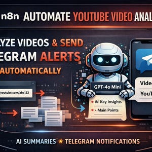 May include: An illustration promoting YouTube video analysis automation. It features a robot holding a paper with key insights, a smartphone with a Telegram alert, and a computer screen with a YouTube URL. The text reads "Analyze Videos & Send Telegram Alerts Automatically."
