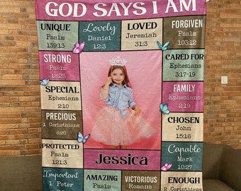 God Says I Am - Personalized Photo Blanket, Personalized Picture Blanket With Text, Memorial Blanket, Family Blanket, Christmas gift
