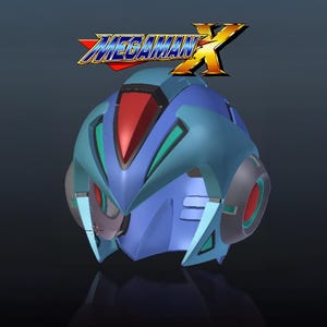 May include: A blue and teal helmet with red accents, inspired by the Mega Man X series. The helmet features a sleek design with angular details and a prominent visor. The Mega Man X logo is displayed above the helmet.